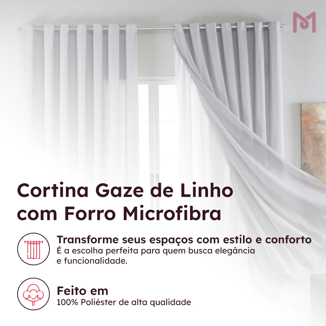 Cortina Gaze de Linho com Forro Microfibra Para Janela Quarto e Sala